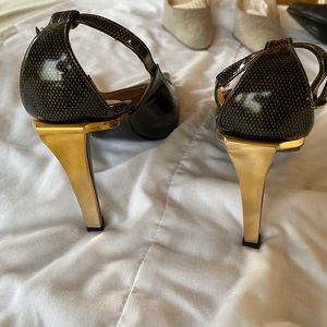Charles Jourdan 3.5” Brown &  gold patent leather